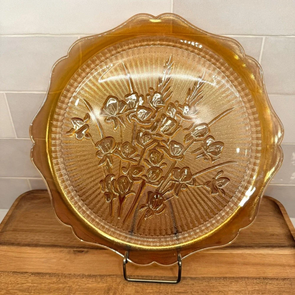 Vintage Marigold Carnival Glass Iris and Herringbone Scalloped Platter 12‎ Inch